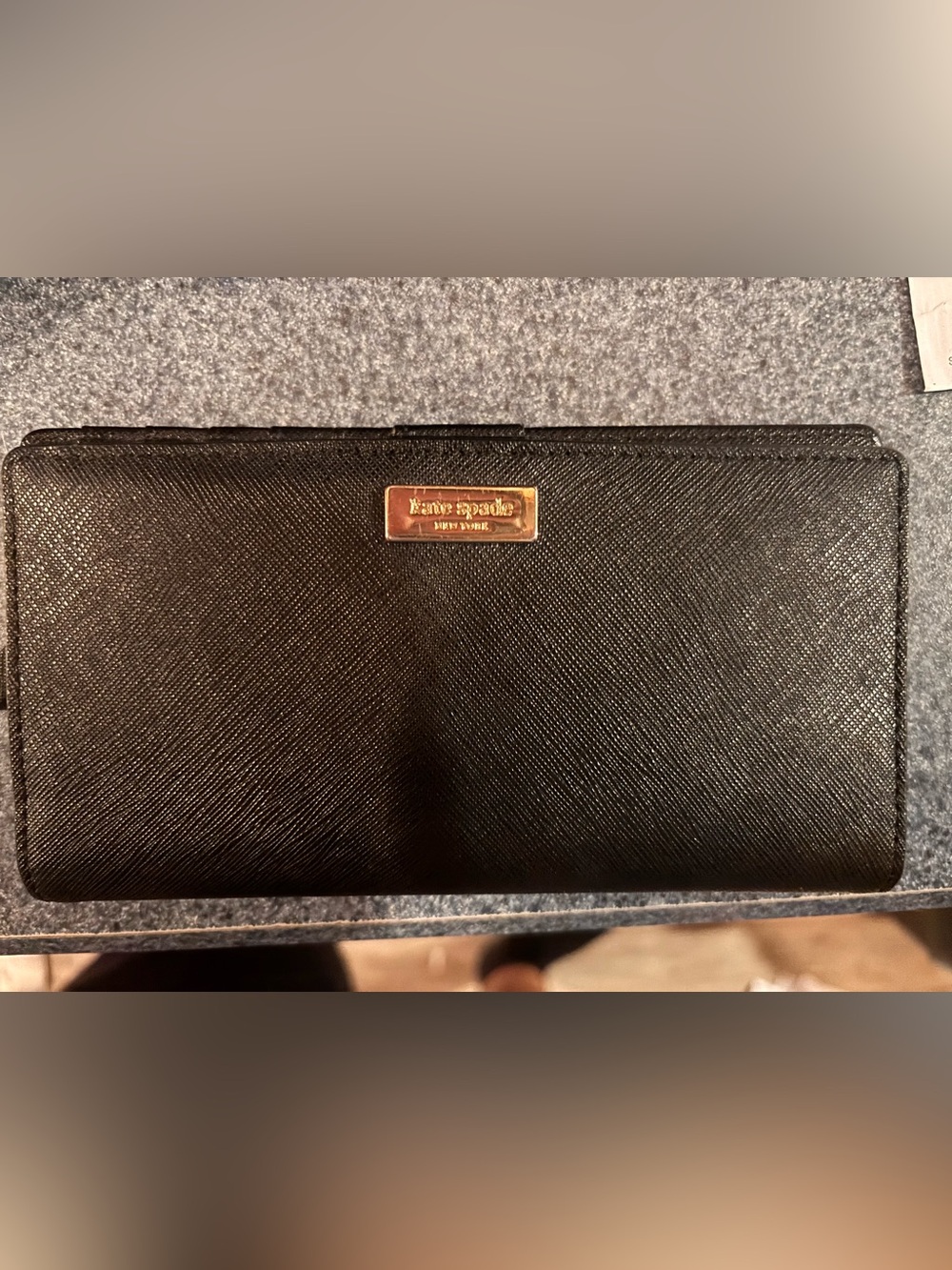 kate spade Black Saffiano Leather Clutch Wallet with Gold Plaque